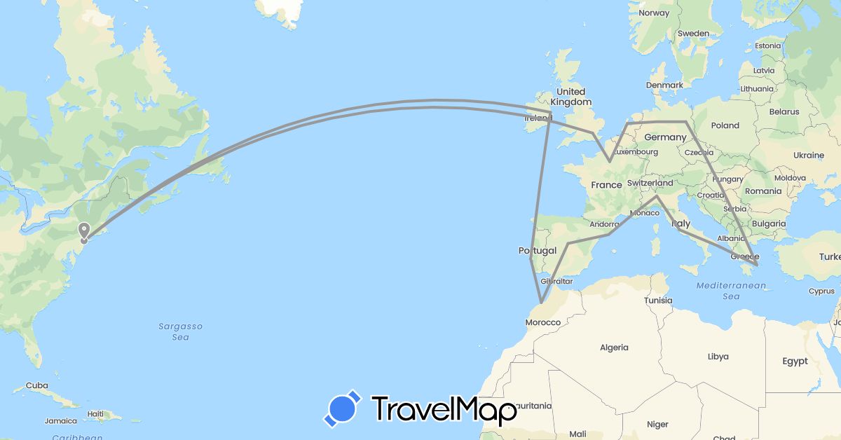 TravelMap itinerary: driving, plane in Germany, Spain, France, United Kingdom, Greece, Ireland, Italy, Morocco, Netherlands, Portugal, United States (Africa, Europe, North America)